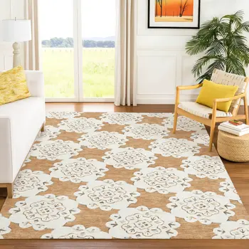 9' X 12' Copper And Ivory Quatrefoil Washable Indoor Outdoor Area Rug