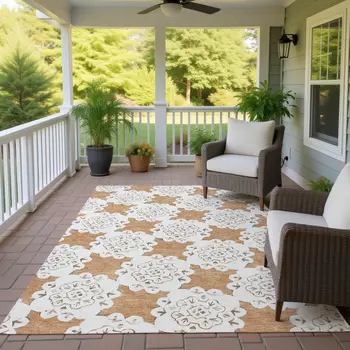 9' X 12' Copper And Ivory Quatrefoil Washable Indoor Outdoor Area Rug