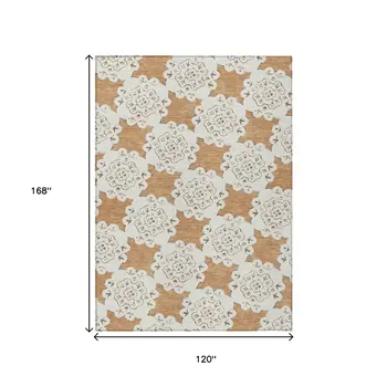 10' X 14' Copper And Ivory Quatrefoil Washable Indoor Outdoor Area Rug