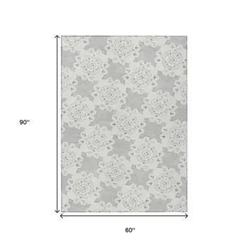 5' X 8' Gray And Ivory Quatrefoil Washable Indoor Outdoor Area Rug