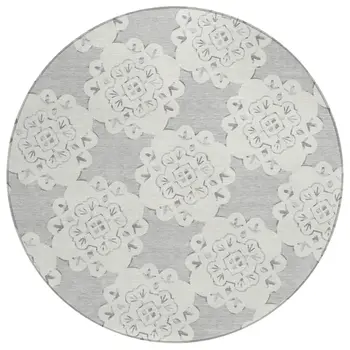 8' Gray And Ivory Round Quatrefoil Washable Indoor Outdoor Area Rug