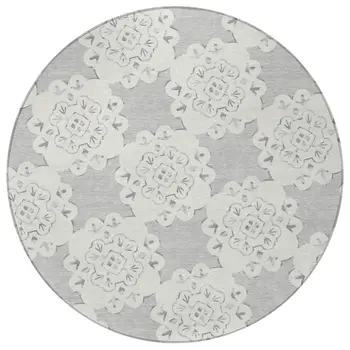 8' Gray And Ivory Round Quatrefoil Washable Indoor Outdoor Area Rug