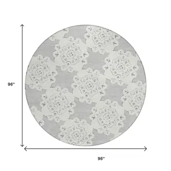 8' Gray And Ivory Round Quatrefoil Washable Indoor Outdoor Area Rug