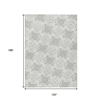 10' X 14' Gray And Ivory Quatrefoil Washable Indoor Outdoor Area Rug