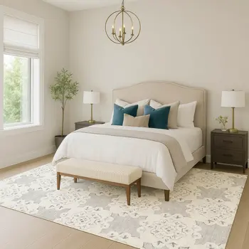 10' X 14' Gray And Ivory Quatrefoil Washable Indoor Outdoor Area Rug