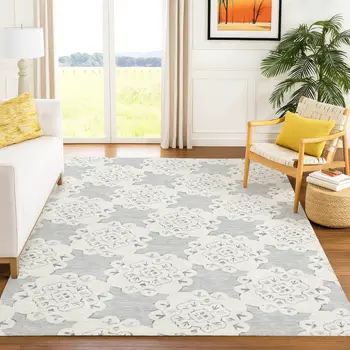 10' X 14' Gray And Ivory Quatrefoil Washable Indoor Outdoor Area Rug