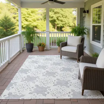 10' X 14' Gray And Ivory Quatrefoil Washable Indoor Outdoor Area Rug