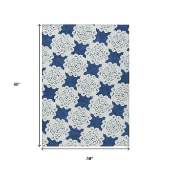 3' X 5' Navy Blue And Ivory Quatrefoil Washable Indoor Outdoor Area Rug