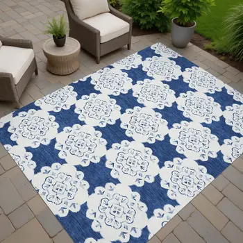 3' X 5' Navy Blue And Ivory Quatrefoil Washable Indoor Outdoor Area Rug