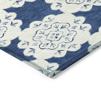 3' X 5' Navy Blue And Ivory Quatrefoil Washable Indoor Outdoor Area Rug