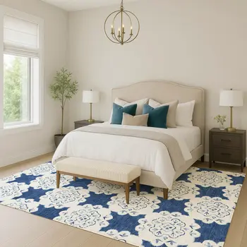 3' X 5' Navy Blue And Ivory Quatrefoil Washable Indoor Outdoor Area Rug