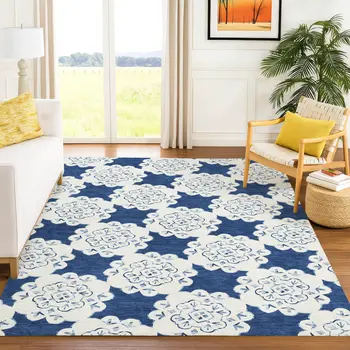 3' X 5' Navy Blue And Ivory Quatrefoil Washable Indoor Outdoor Area Rug