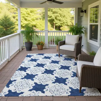 5' X 8' Navy Blue And Ivory Quatrefoil Washable Indoor Outdoor Area Rug