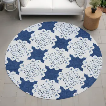 8' Navy Blue And Ivory Round Quatrefoil Washable Indoor Outdoor Area Rug