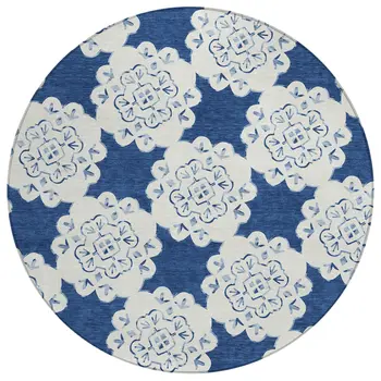 8' Navy Blue And Ivory Round Quatrefoil Washable Indoor Outdoor Area Rug