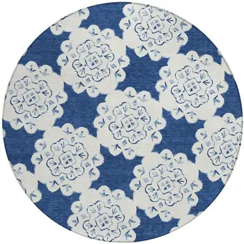 8' Navy Blue And Ivory Round Quatrefoil Washable Indoor Outdoor Area Rug