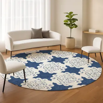 8' Navy Blue And Ivory Round Quatrefoil Washable Indoor Outdoor Area Rug