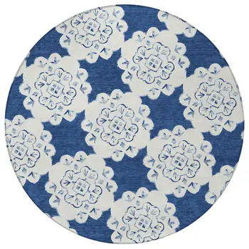 8' Navy Blue And Ivory Round Quatrefoil Washable Indoor Outdoor Area Rug