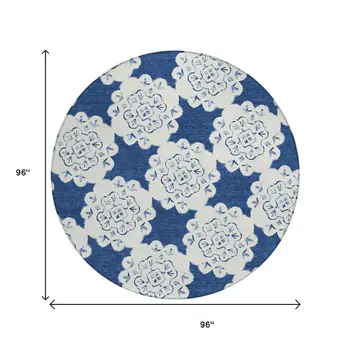 8' Navy Blue And Ivory Round Quatrefoil Washable Indoor Outdoor Area Rug