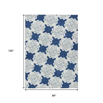 8' X 10' Navy Blue And Ivory Quatrefoil Washable Indoor Outdoor Area Rug
