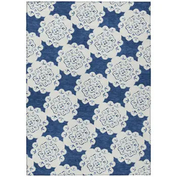 8' X 10' Navy Blue And Ivory Quatrefoil Washable Indoor Outdoor Area Rug