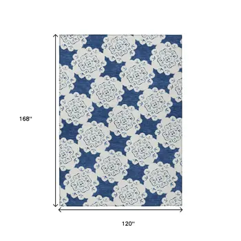 10' X 14' Navy Blue And Ivory Quatrefoil Washable Indoor Outdoor Area Rug