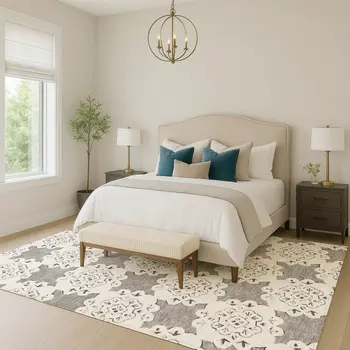 5' X 8' Taupe And Ivory Quatrefoil Washable Indoor Outdoor Area Rug