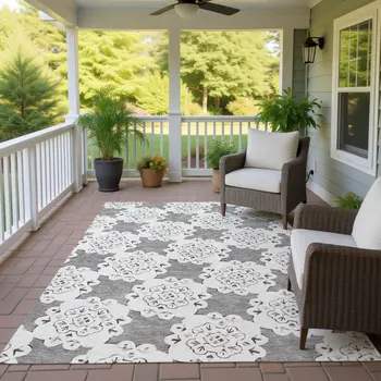5' X 8' Taupe And Ivory Quatrefoil Washable Indoor Outdoor Area Rug