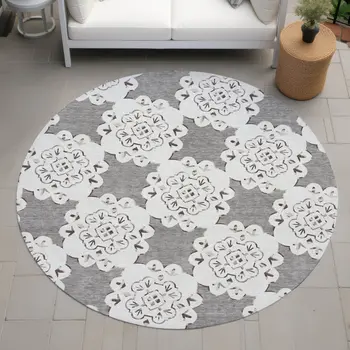 8' Taupe And Ivory Round Quatrefoil Washable Indoor Outdoor Area Rug