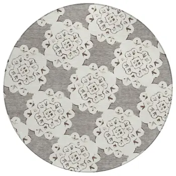 8' Taupe And Ivory Round Quatrefoil Washable Indoor Outdoor Area Rug