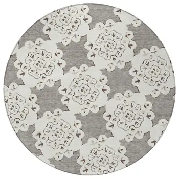 8' Taupe And Ivory Round Quatrefoil Washable Indoor Outdoor Area Rug