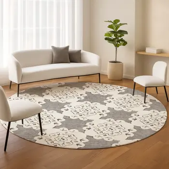 8' Taupe And Ivory Round Quatrefoil Washable Indoor Outdoor Area Rug