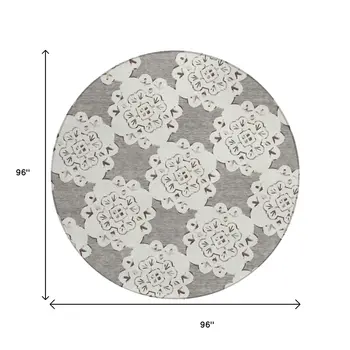 8' Taupe And Ivory Round Quatrefoil Washable Indoor Outdoor Area Rug