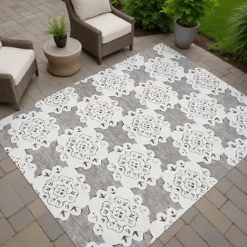8' X 10' Taupe And Ivory Quatrefoil Washable Indoor Outdoor Area Rug
