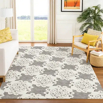 8' X 10' Taupe And Ivory Quatrefoil Washable Indoor Outdoor Area Rug