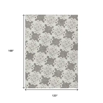 10' X 14' Taupe And Ivory Quatrefoil Washable Indoor Outdoor Area Rug