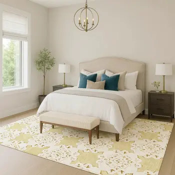 5' X 8' Wheat And Ivory Quatrefoil Washable Indoor Outdoor Area Rug