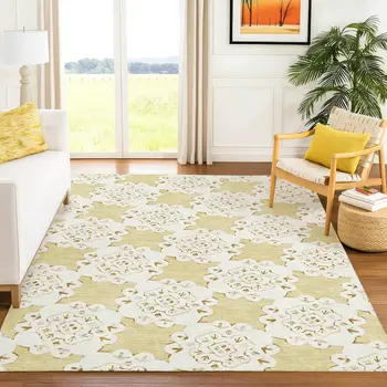 5' X 8' Wheat And Ivory Quatrefoil Washable Indoor Outdoor Area Rug