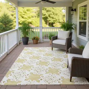 5' X 8' Wheat And Ivory Quatrefoil Washable Indoor Outdoor Area Rug
