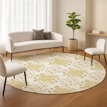 8' Wheat And Ivory Round Quatrefoil Washable Indoor Outdoor Area Rug