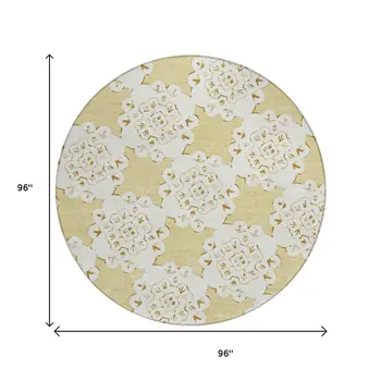 8' Wheat And Ivory Round Quatrefoil Washable Indoor Outdoor Area Rug