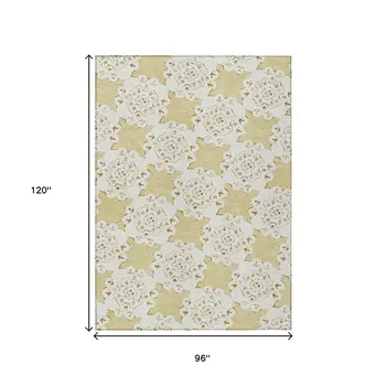 8' X 10' Wheat And Ivory Quatrefoil Washable Indoor Outdoor Area Rug