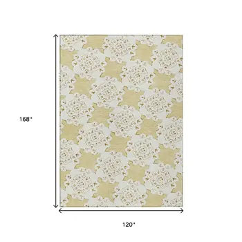 10' X 14' Wheat And Ivory Quatrefoil Washable Indoor Outdoor Area Rug