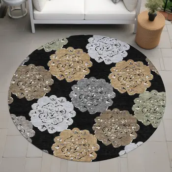 8' Black Ivory And Khaki Round Quatrefoil Washable Indoor Outdoor Area Rug