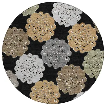 8' Black Ivory And Khaki Round Quatrefoil Washable Indoor Outdoor Area Rug
