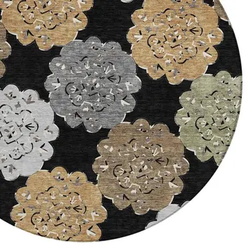 8' Black Ivory And Khaki Round Quatrefoil Washable Indoor Outdoor Area Rug