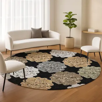 8' Black Ivory And Khaki Round Quatrefoil Washable Indoor Outdoor Area Rug