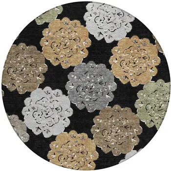 8' Black Ivory And Khaki Round Quatrefoil Washable Indoor Outdoor Area Rug