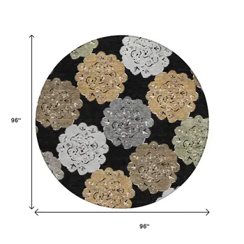 8' Black Ivory And Khaki Round Quatrefoil Washable Indoor Outdoor Area Rug