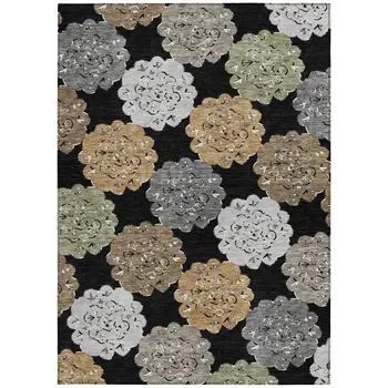 8' X 10' Black Ivory And Khaki Quatrefoil Washable Indoor Outdoor Area Rug
